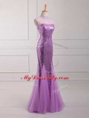 High Quality Lilac Tulle and Sequined Lace Up Halter Top Sleeveless Floor Length Womens Evening Dresses Beading and Sequins