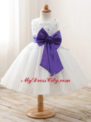Pretty White Kids Formal Wear Wedding Party with Bowknot Scoop Sleeveless Zipper
