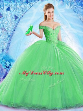 Simple Green Quince Ball Gowns Off The Shoulder Sleeveless Brush Train Lace Up