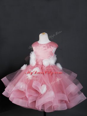 Ball Gowns Flower Girl Dresses Pink Bateau Tulle Cap Sleeves Knee Length Zipper