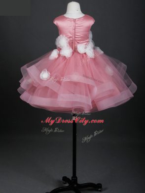 Ball Gowns Flower Girl Dresses Pink Bateau Tulle Cap Sleeves Knee Length Zipper