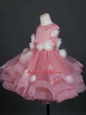Ball Gowns Flower Girl Dresses Pink Bateau Tulle Cap Sleeves Knee Length Zipper