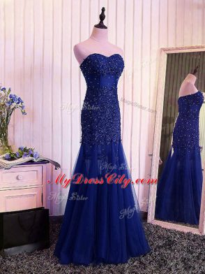 Floor Length Royal Blue Formal Evening Gowns Tulle Sleeveless Beading and Lace and Appliques and Pleated