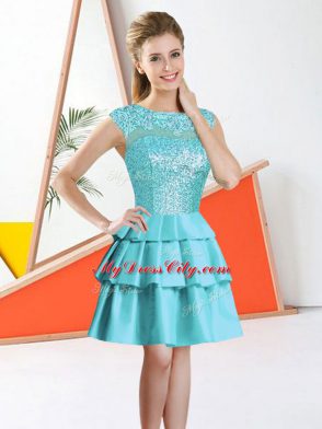 Aqua Blue Taffeta Backless Quinceanera Dama Dress Sleeveless Knee Length Beading and Lace