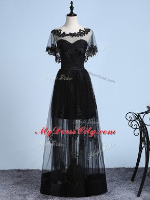 Scoop Short Sleeves Prom Dresses Floor Length Embroidery Black Tulle