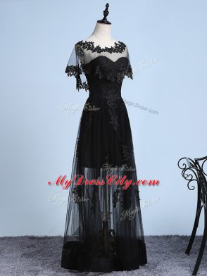 Scoop Short Sleeves Prom Dresses Floor Length Embroidery Black Tulle