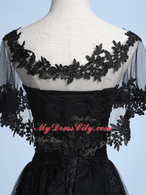 Scoop Short Sleeves Prom Dresses Floor Length Embroidery Black Tulle