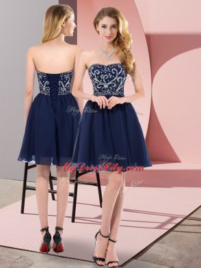 Navy Blue Chiffon Lace Up Prom Party Dress Sleeveless Mini Length Beading