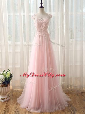 Enchanting Baby Pink Cap Sleeves Tulle Brush Train Zipper Court Dresses for Sweet 16 for Prom and Party and Wedding Party