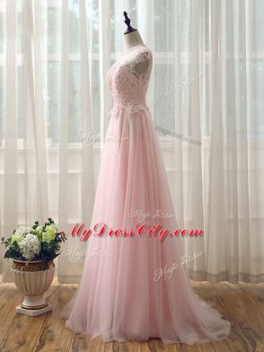 Enchanting Baby Pink Cap Sleeves Tulle Brush Train Zipper Court Dresses for Sweet 16 for Prom and Party and Wedding Party