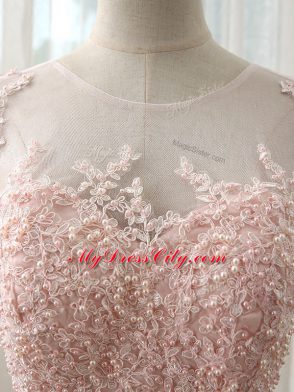 Enchanting Baby Pink Cap Sleeves Tulle Brush Train Zipper Court Dresses for Sweet 16 for Prom and Party and Wedding Party