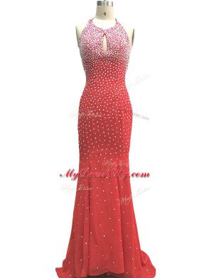 Designer Column/Sheath Sleeveless Red Formal Evening Gowns Brush Train Criss Cross