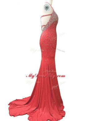 Designer Column/Sheath Sleeveless Red Formal Evening Gowns Brush Train Criss Cross