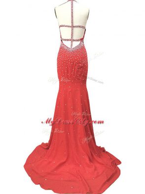 Designer Column/Sheath Sleeveless Red Formal Evening Gowns Brush Train Criss Cross