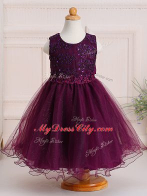 Adorable Burgundy A-line Tulle Scoop Sleeveless Appliques Knee Length Zipper Child Pageant Dress