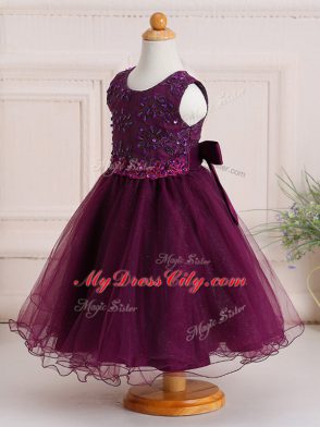 Adorable Burgundy A-line Tulle Scoop Sleeveless Appliques Knee Length Zipper Child Pageant Dress