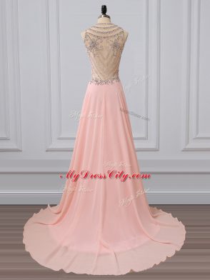 Best Peach Prom Evening Gown Chiffon Brush Train Sleeveless Beading