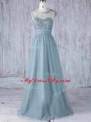 Grey Zipper Bridesmaid Dress Appliques Cap Sleeves Floor Length