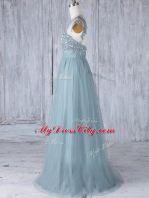 Grey Zipper Bridesmaid Dress Appliques Cap Sleeves Floor Length