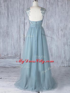 Grey Zipper Bridesmaid Dress Appliques Cap Sleeves Floor Length