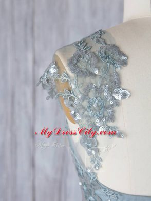 Grey Zipper Bridesmaid Dress Appliques Cap Sleeves Floor Length