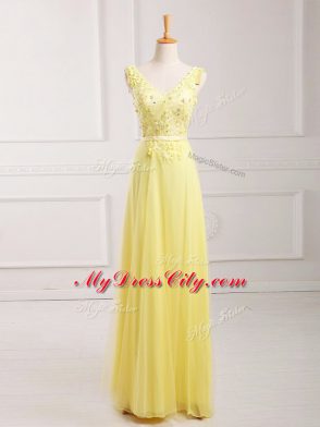 Custom Made Sleeveless Zipper Floor Length Lace and Appliques and Belt Prom Party Dress