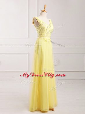 Custom Made Sleeveless Zipper Floor Length Lace and Appliques and Belt Prom Party Dress