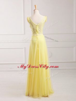 Custom Made Sleeveless Zipper Floor Length Lace and Appliques and Belt Prom Party Dress