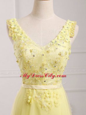 Custom Made Sleeveless Zipper Floor Length Lace and Appliques and Belt Prom Party Dress