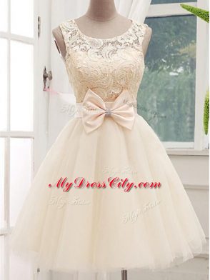 Unique Champagne A-line Tulle Scoop Sleeveless Lace and Bowknot Knee Length Lace Up Bridesmaid Dresses