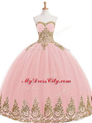Baby Pink Tulle Lace Up Sweet 16 Dress Sleeveless Floor Length Appliques
