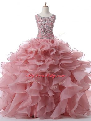 Super Pink Sleeveless Organza Zipper Sweet 16 Quinceanera Dress for Military Ball and Sweet 16 and Quinceanera