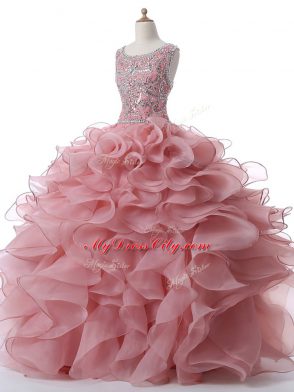 Super Pink Sleeveless Organza Zipper Sweet 16 Quinceanera Dress for Military Ball and Sweet 16 and Quinceanera
