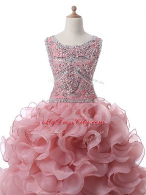 Super Pink Sleeveless Organza Zipper Sweet 16 Quinceanera Dress for Military Ball and Sweet 16 and Quinceanera
