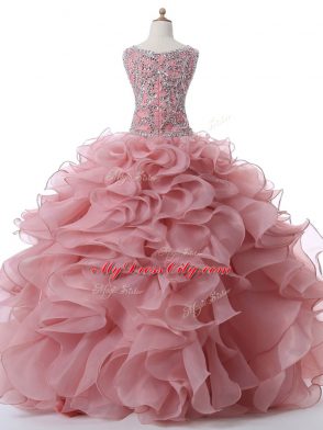 Super Pink Sleeveless Organza Zipper Sweet 16 Quinceanera Dress for Military Ball and Sweet 16 and Quinceanera