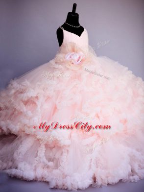 Enchanting Baby Pink Ball Gowns Spaghetti Straps Sleeveless Tulle Brush Train Criss Cross Ruffles and Hand Made Flower Little Girls Pageant Dress
