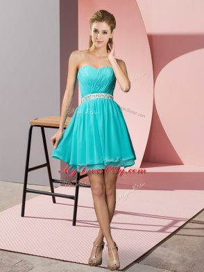 Suitable Aqua Blue Lace Up Prom Dresses Beading Sleeveless Mini Length