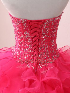 Hot Sale Sweetheart Sleeveless Sweet 16 Quinceanera Dress Floor Length Beading and Ruffles Hot Pink Organza