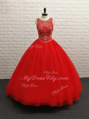 Red Ball Gowns Tulle Scoop Sleeveless Beading Zipper Vestidos de Quinceanera Brush Train