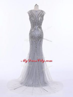 Grey Evening Dresses Scoop Cap Sleeves Brush Train Zipper