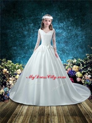 White 3 4 Length Sleeve Lace and Bowknot Lace Up Flower Girl Dresses for Less