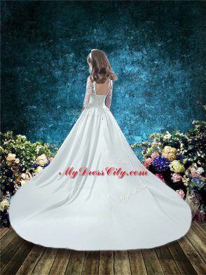 White 3 4 Length Sleeve Lace and Bowknot Lace Up Flower Girl Dresses for Less