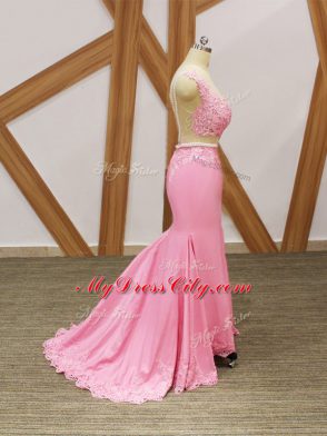 Customized Beading and Lace and Appliques Celebrity Prom Dress Baby Pink Zipper Sleeveless Brush Train