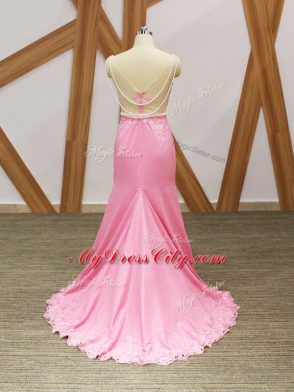 Customized Beading and Lace and Appliques Celebrity Prom Dress Baby Pink Zipper Sleeveless Brush Train