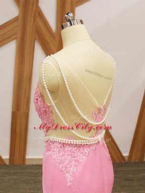 Customized Beading and Lace and Appliques Celebrity Prom Dress Baby Pink Zipper Sleeveless Brush Train