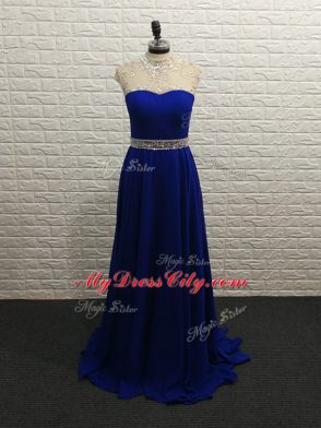 New Arrival Royal Blue Empire Chiffon High-neck Sleeveless Beading Zipper Prom Dress Brush Train