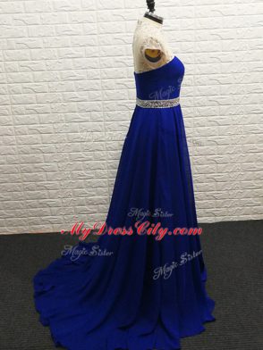 New Arrival Royal Blue Empire Chiffon High-neck Sleeveless Beading Zipper Prom Dress Brush Train