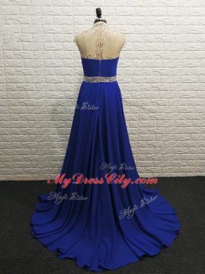 New Arrival Royal Blue Empire Chiffon High-neck Sleeveless Beading Zipper Prom Dress Brush Train