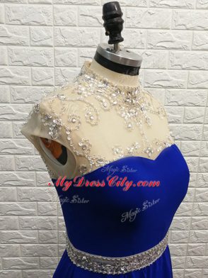 New Arrival Royal Blue Empire Chiffon High-neck Sleeveless Beading Zipper Prom Dress Brush Train