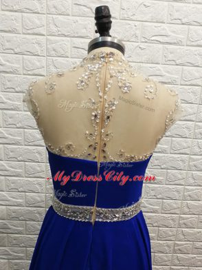 New Arrival Royal Blue Empire Chiffon High-neck Sleeveless Beading Zipper Prom Dress Brush Train